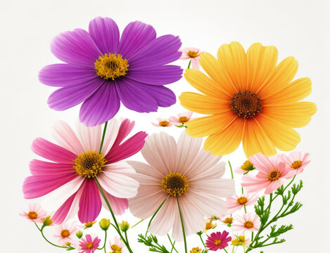 Cosmos flowers wallpaper design illustration and white background. Generative AI