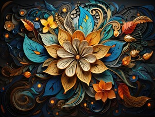 Illustration of a vibrant floral painting against a dramatic black backdrop. Generative AI