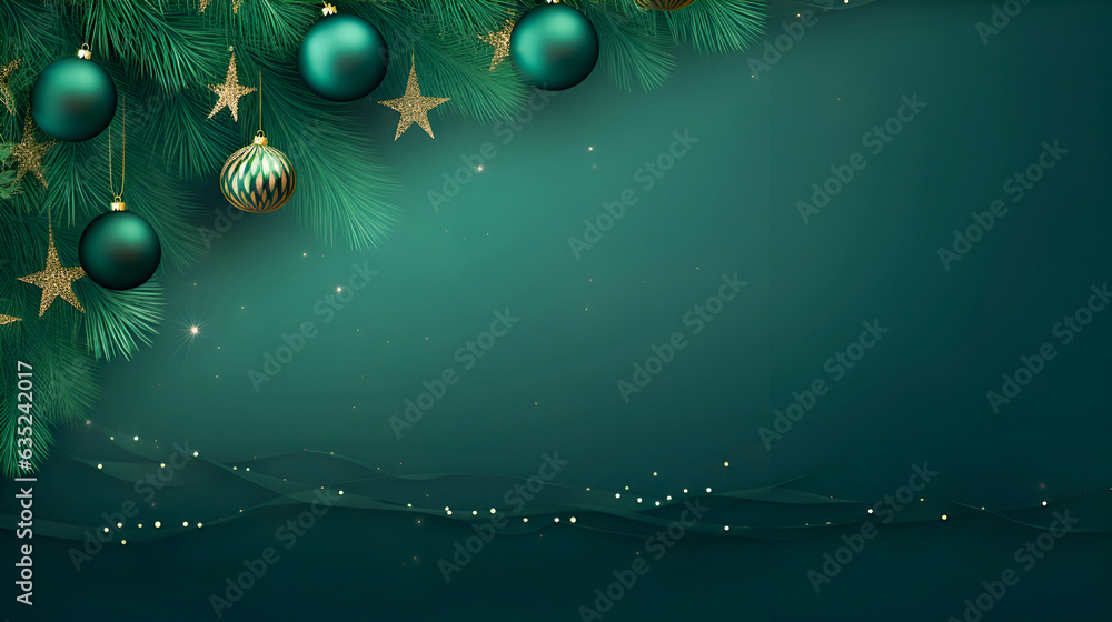 Wall mural christmas and new year holiday background. emerald glass balls and gold star hanging christmas tree 