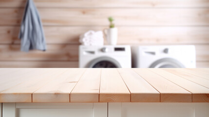 Empty wooden board with towels on blurred background of washing machine in home laundry. Place for product mounting and advertising - obrazy, fototapety, plakaty