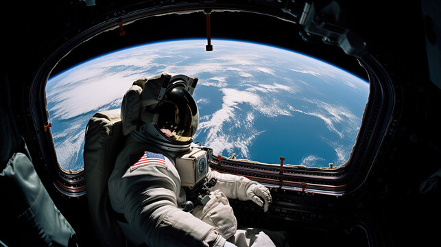 A cosmonaut inside a spaceship looks at a blue planet.