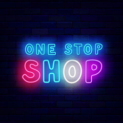 One stop shop neon signboard. Sale label. Special offer emblem. Marketing sign. Colorful typography. Vector illustration