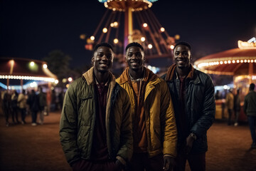 Obraz premium Male friends having fun in a small-town amusement park in the night