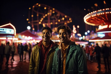Male friends having fun in a small-town amusement park in the night