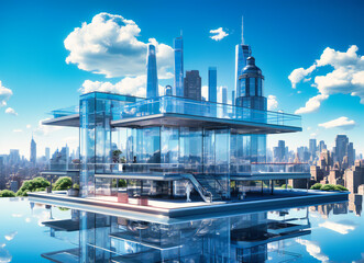 a building with glass overlooking the city skyline - obrazy, fototapety, plakaty