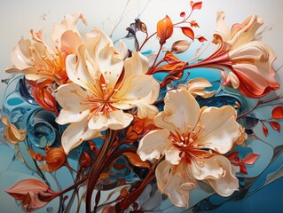 Illustration of a vibrant floral painting on a serene blue background. Generative AI