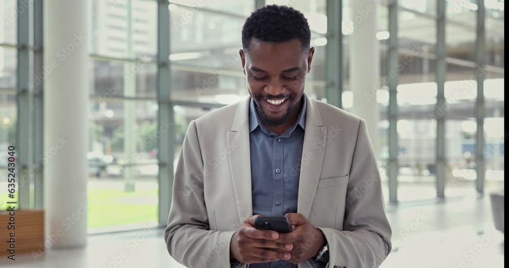 Poster happy businessman, phone and walking at office in social media, communication or networking. black m