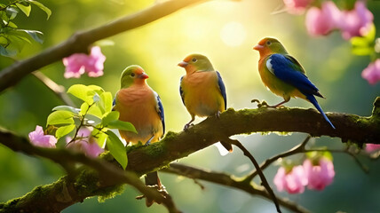 Obraz premium Beautiful Birds on Apricot branch. AI Generative.