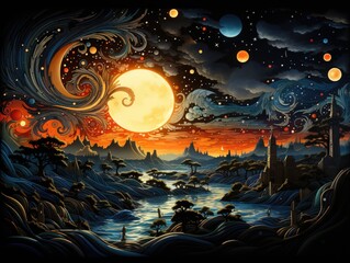 Obraz premium Illustration of a captivating night sky with a luminous full moon. Generative AI