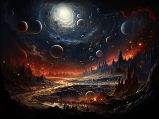 Illustration of a beautiful night sky filled with vibrant and captivating planets. Generative AI