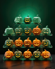 An Iridescent Array of Spooky PumpkinShaped Baking Molds Set Against a Mystic Green Background. Halloween background