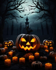 Spooky Pumpkin Lantern Background Background featuring an array of candlelit jackolanterns on a dark night with bats and a full moon. Halloween background