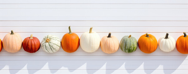 A grouping of patchworkcolored pumpkins positioned in a circular pattern on a white porch railing.. Halloween background