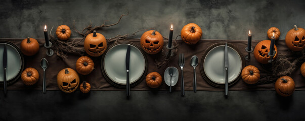 Haunted Table Setting with Scary Pumpkin Plates. Halloween background