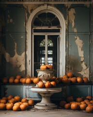 An Abandoned Old Mansion with Pumpkin Cups in the Foreground. Halloween background