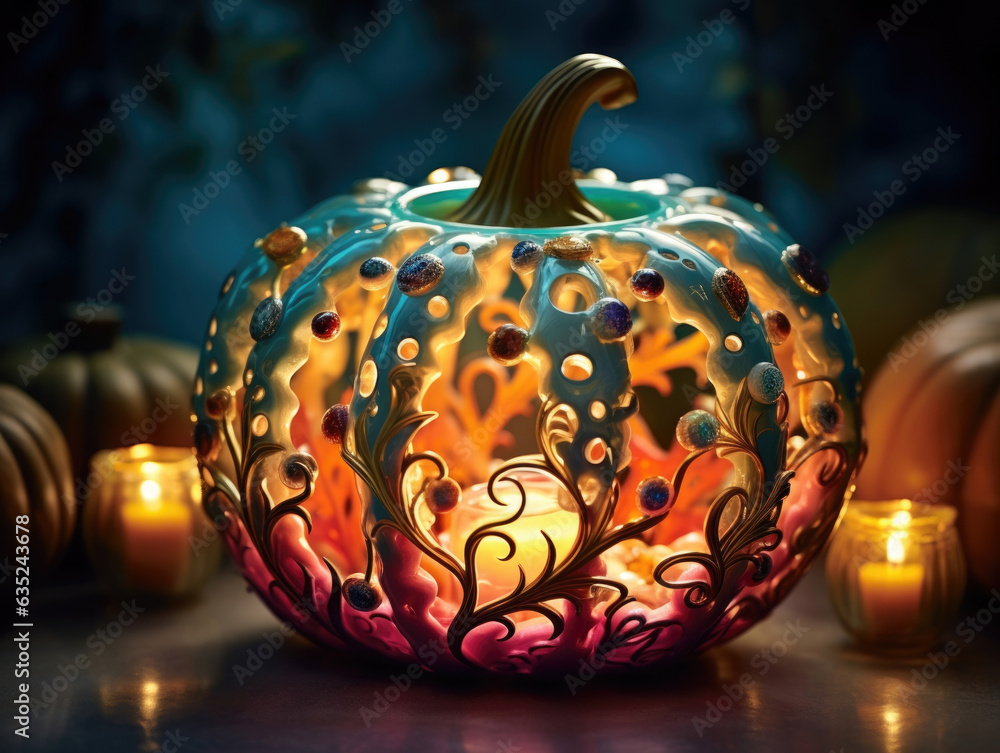 Poster a unique design of an inverted carved pumpkin laden with an array of multicolored tealights to give 