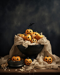 Tattered Burlap Sack Surrounded by Skeletal Shadowy Pumpkins with a Spooky Candy Bowl Inside. Halloween background
