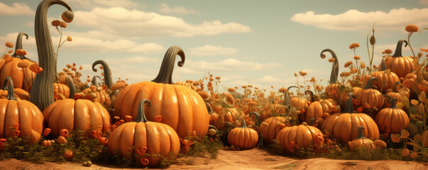 Fantastic Whimsical Pumpkin Patch with Oversized Gourds and Vines. Halloween background