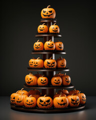 A Sinister Pumpkin Cupcake Tower a towering stack of cupcakes carved into sly pumpkins set against a ghostly backdrop. Halloween background