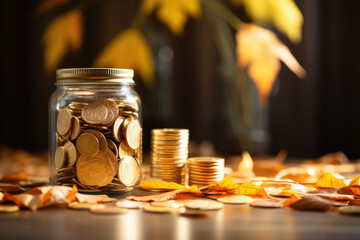 coins in a jar and on a table surrounded by autumn leaves
