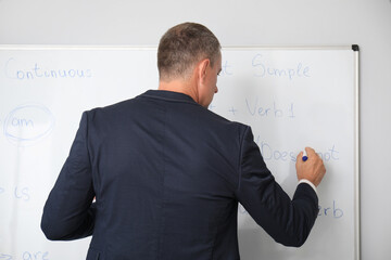 Male teacher writing English grammar on flipboard in classroom, back view