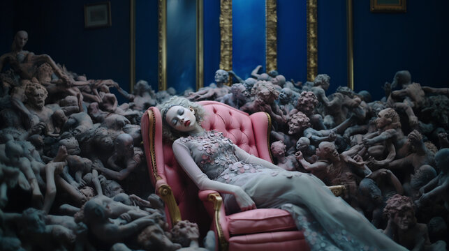 AI-generated photo of a woman asleep, surrounded by haunting nightmares. . A reminder of the profound importance of mental health and therapy. The path to inner peace is paved with good night's sleep.