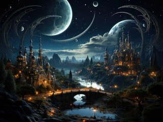 Illustration of a majestic castle and bridge illuminated under the night sky. Generative AI