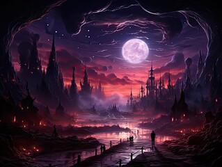 Illustration of a breathtaking fantasy landscape illuminated by the light of a full moon. Generative AI