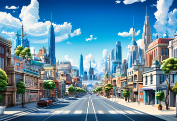 a city street is shown with tall buildings and blue sky - obrazy, fototapety, plakaty