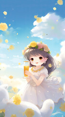Cute little girl holding a glass of orange juice in the sky