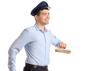 Young postman with letters on white background