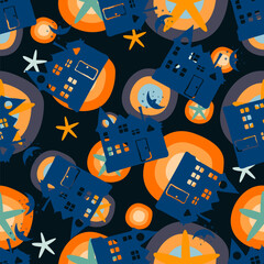 Doodle houses. Seamless pattern for kid's decoration. Backround in blue and orange colors. Vector illustration.