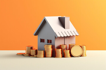 A 3d cardboard house surrounded by gold coins on an orange background - obrazy, fototapety, plakaty