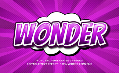 Wonder comic editable text effect template, 3d cartoon style typeface, premium vector