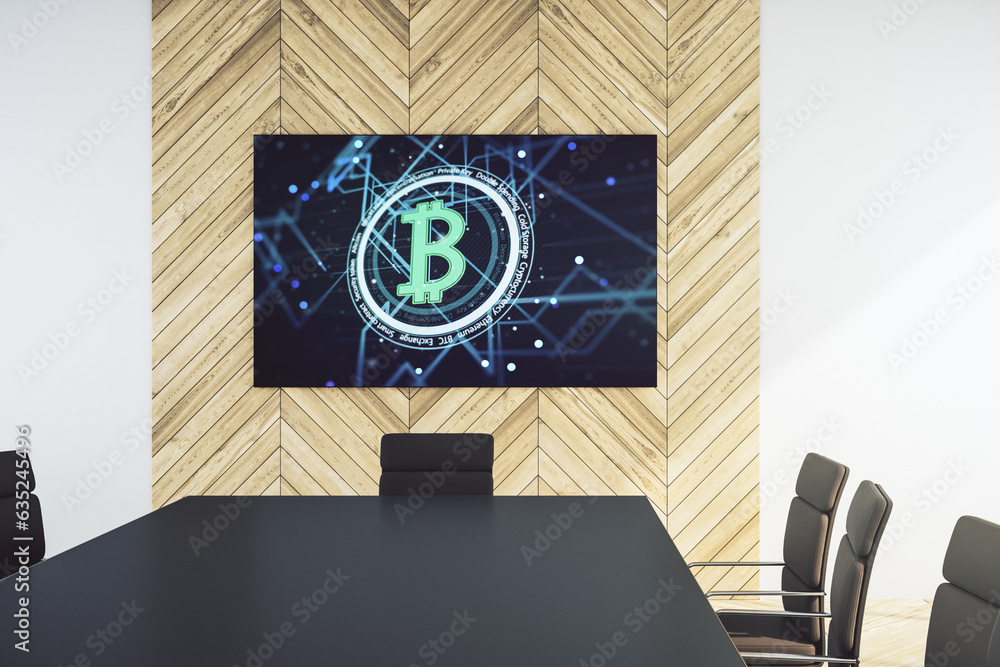 Poster Creative Bitcoin concept on presentation screen in a modern conference room. 3D Rendering