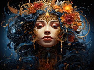 Illustration of a beautiful woman with floral adornments in her hair. Generative AI
