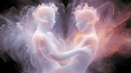 2 ethereal spirit soulmate entities in an embrace - obrazy, fototapety, plakaty