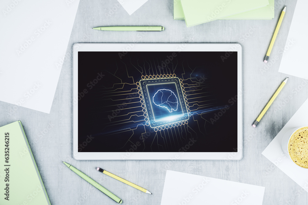 Aufkleber top view of modern digital tablet monitor with creative artificial intelligence symbol. neural netwo