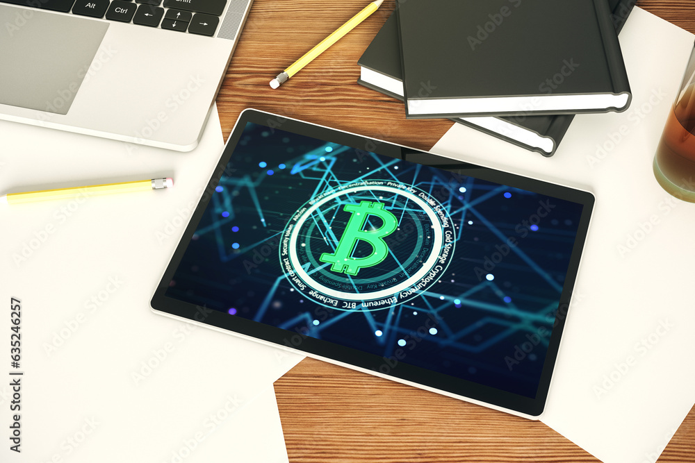 Aufkleber modern digital tablet monitor with creative bitcoin symbol. cryptocurrency concept. top view. 3d ren
