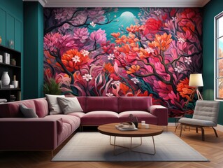 Illustration of a spacious living room with a captivating large painting as the focal point. Generative AI