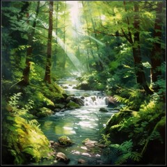 Illustration of a serene forest stream painting. Generative AI