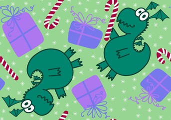 Cartoon animals dinosaur Christmas seamless dragon pattern for wrapping paper and kids clothes print
