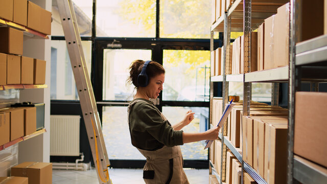 Woman dancing holding inventory list in storage room, having fun in depot and listening to music. Happy worker examining stock logistics with goods, looking at boxes on warehouse racks.