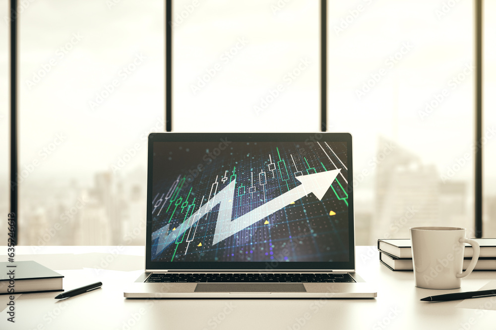 Aufkleber Abstract financial diagram with upward arrow on modern laptop screen, rise and breakthrough concept. 3D Rendering