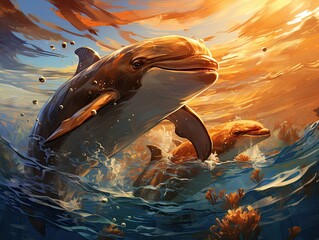 Illustration of two dolphins swimming in the ocean. Generative AI