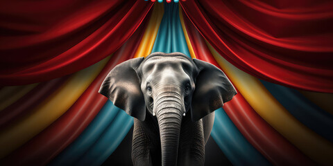 Striped background with elephant, Creative concept wallpaper of traveling circus with trained animals, circus poster. 3d render illustration style. 