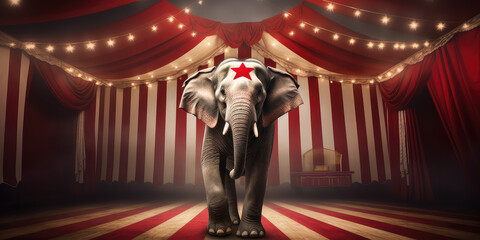 Fototapeta na wymiar Striped background with elephant, Creative concept wallpaper of traveling circus with trained animals, circus poster. 3d render illustration style. 