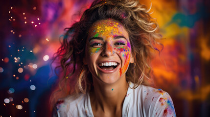 Fototapeta na wymiar Beautiful woman with colorful makeup and face painted in rainbow colors, bodypaint party girl