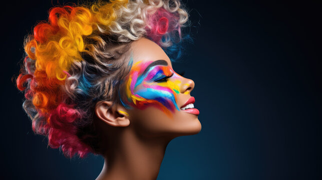 Beautiful woman with colorful makeup and face painted in rainbow colors, bodypaint party girl