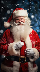 Portrait of a nice and friendly Santa Claus smiling at camera in photo studio production.